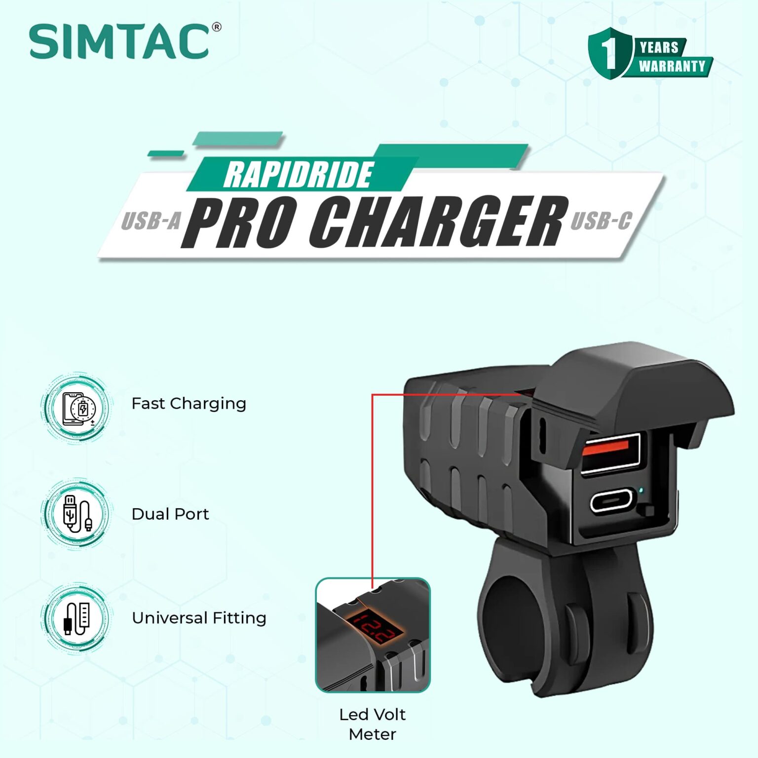Simtac rapidride pro 51w with USB-A & Type-C charger with voltmeter
